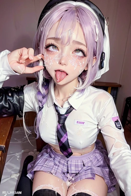 high quality, detailed,W-sitting,she is  and junior High school girl wearing very very wet and very transparent long sleeve white shirt and purple tie,purple plaid skirt,(bob hair,bob hair)(wearing black overknee socks),a mole under the eye,(tounge out,tounge out tounge out),(blushing:1.4),the whole body,(((cum on clothes:1.3))), (((cum on hair:1.3))), (((cum on face:1.3))),, ((((large amount of semen:1.3))))taken from the front,in the dark classroom,smile,