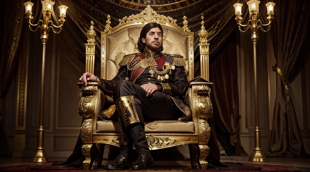 beautiful emperor, Stately, brawny, sitting on majestic throne, luxury clothes, gold accents, grand background, majestic appearance, elegant surroundings, dramatic lighting