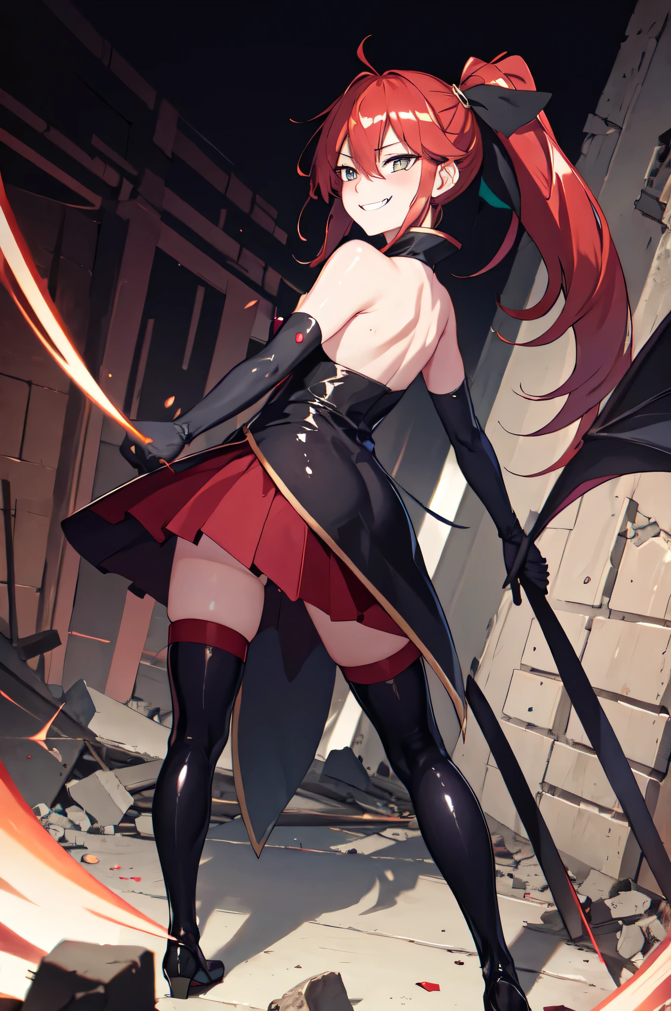 Highest quality, masterpiece, One Girl,Not beautiful, Red Ponytail, Long dress, brooch, Hair Ribbon, Black knee socks, Standing on the rubble, (Wicked Smile:1.1), ,,Dark shadowed face,Sadistic smile,Malice,Contempt,smile,latex,Bad face,,Red Skirt,two hands,Two legs,five fingers,evil background,elbow gloves,latex, Wicked Smile, devilish aura (Shiny fabric:1.5),Dark world background,solo,