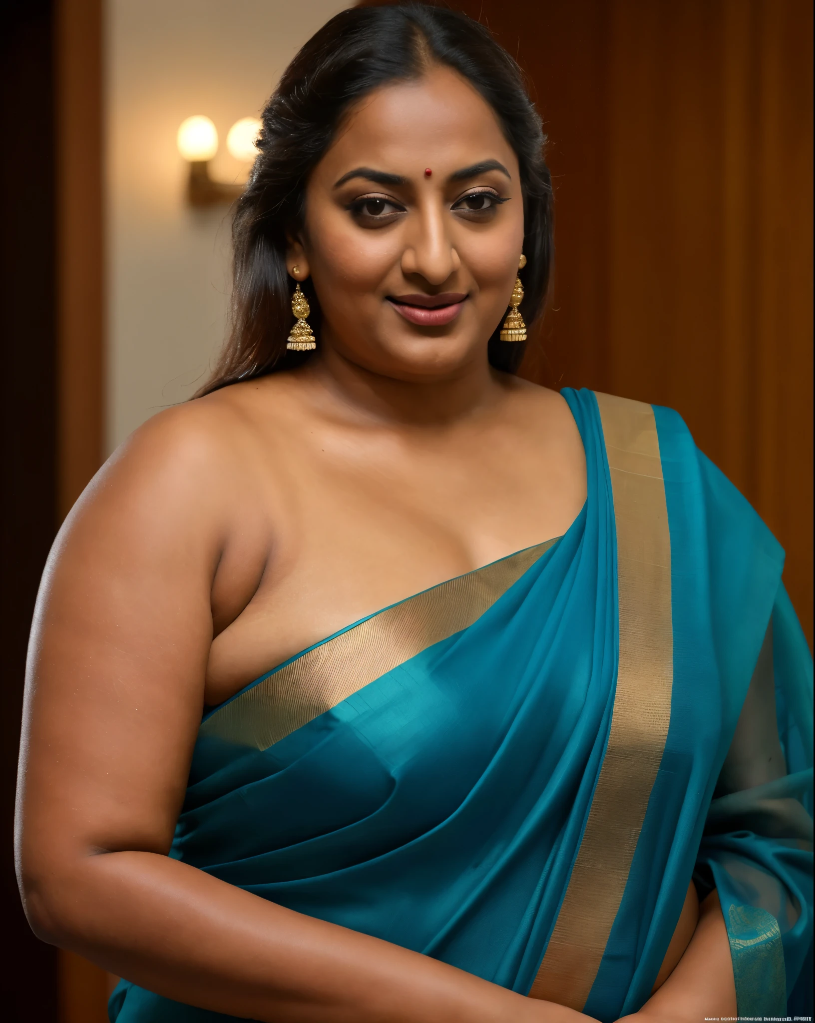 Foto RAW, photorealistic, photography, full body shot, 50 years old Woman, master shot, perfect eyes, goddess like beauty, pierced eyes, perfect thick chubby mallu Desi aunty bhabhi, Wearing a Stanapatta, a chest-band.Saree model, model Photography, Indian saree shoot, Indian traditional wear advertising photography, traditional wear brand shoot, face of Indian actress Sonakshi Sinha, masterpiece, realistic, realism, incredible details,  pleasure, photorealism, detailed skin, skin pores, high contrast, photorealistic Artstation 8k HD digital art trend of high definition and detailed realistic skin texture, ultra detail, realistic skin texture, armature, best quality, ultra high definition, (photorealistic:1.4),, high resolution, detail, raw photo, sweat, Re sharp, by Lee Jefferies Nikon D850 Film Stock Photo 4 Kodak Portra 400 Camera F1.6 Lens Rich Color Ultra Real Realistic Realistic Textures Dramatic Lighting Unreal Engine Trending at Art Station Cinestill 800,(pele altamente detalhada: 1.2), 8k UHD, DSLR, soft-lighting, alta qualidade, grain of film, Fujifilm XT3,she didn't like to wear blouse or bra, she is happy to wear only saree, she hates blouse or bra, detailed hairy armpits, hyper realistic skin, skin pores, sweat, veins, likelike textures, sensual pleasure, appealing figure, appealing body language, lonely unsatisfied Indian desi housewife, 