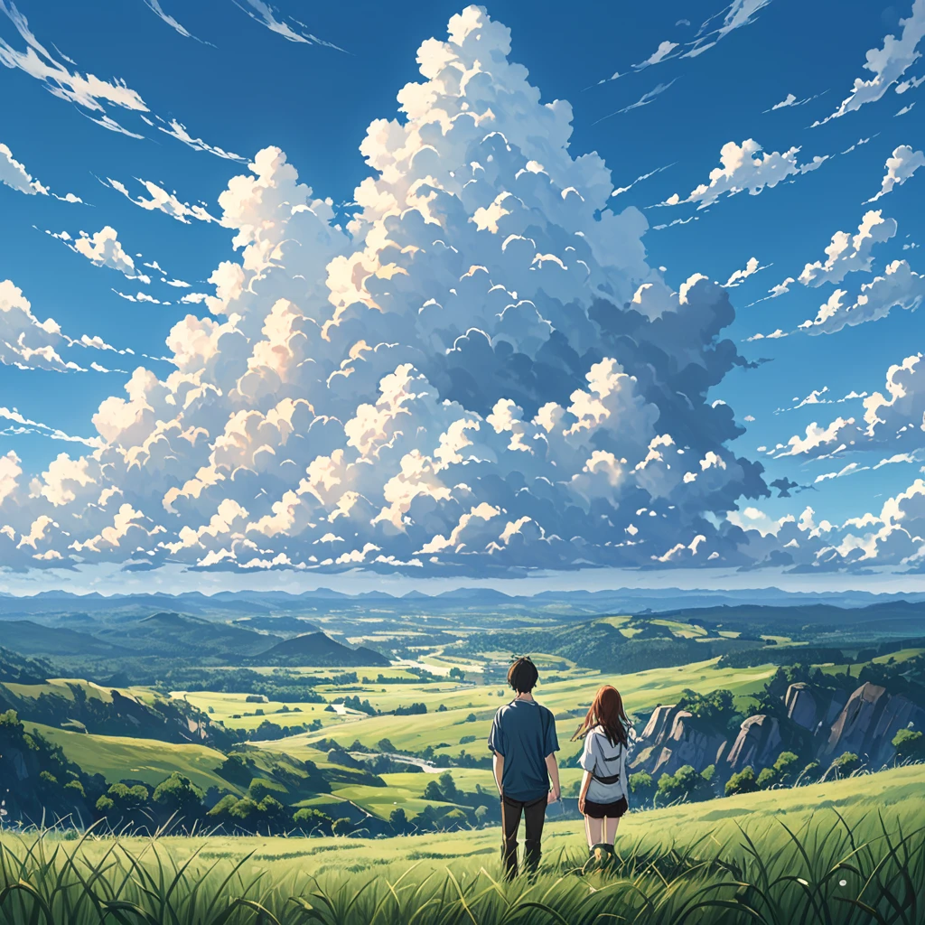 
anime, anime landscape, beautiful hair, boyfridend girlfrien sweet, looking at clouds, in a grassland, creative, realist, white clouds, blue sky, landscape amazing, guy looking away from camera, wide photo