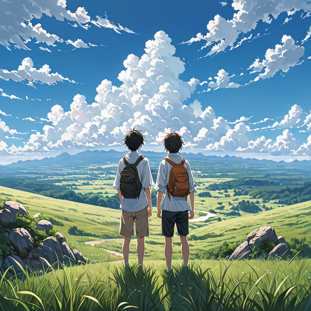 
anime, anime landscape, beautiful hair, boyfridend girlfrien sweet, looking at clouds, in a grassland, creative, realist, white clouds, blue sky, landscape amazing, guy looking away from camera, wide photo
