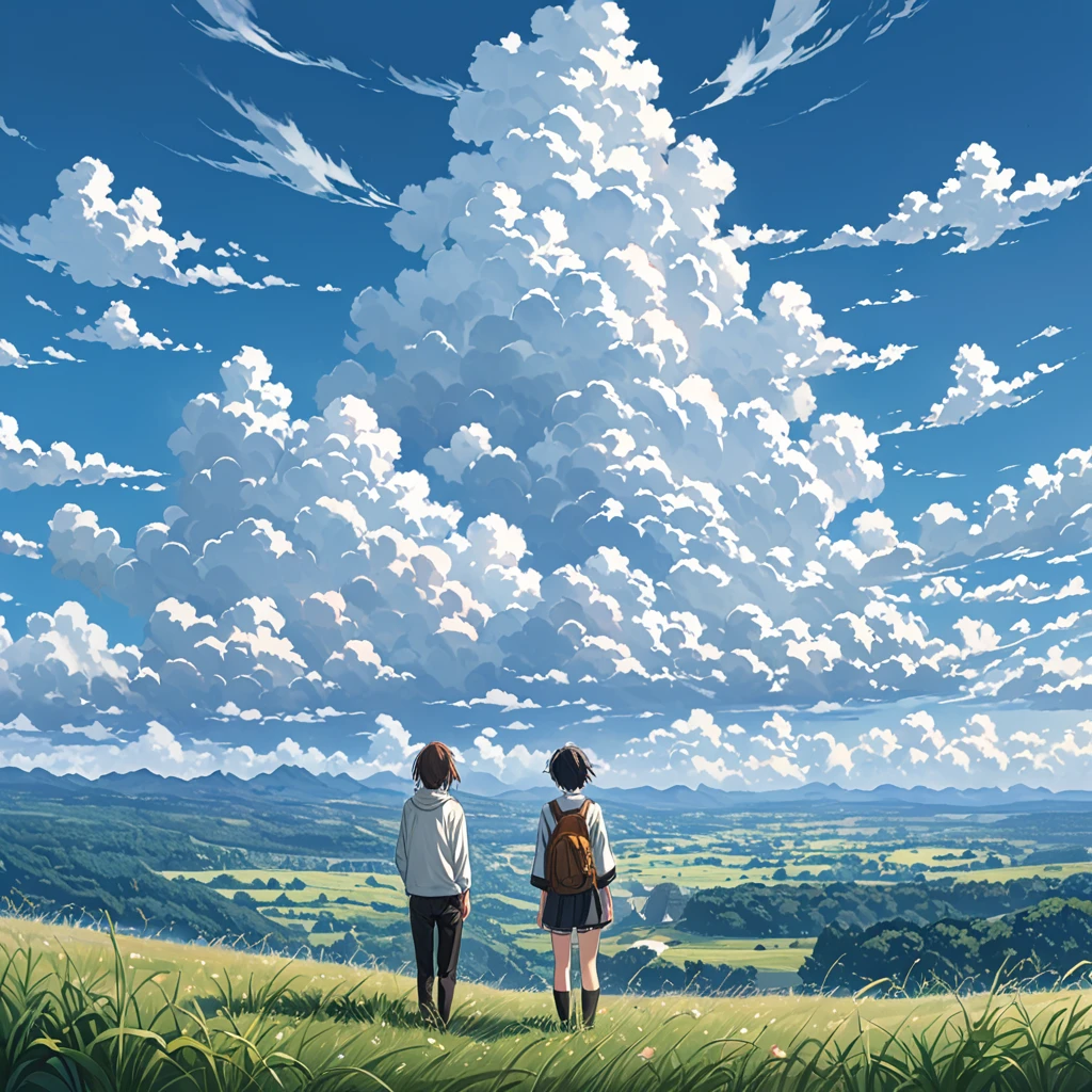 anime, anime landscape, beautiful hair, boyfridend girlfrien sweet, looking at clouds, in a grassland, creative, realist, white clouds, blue sky, landscape amazing, guy looking away from camera, wide photo