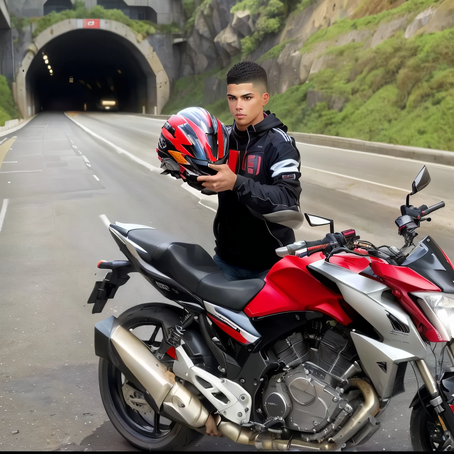 sharpened man holding a helmet on a motorcycle in front of a tunnel, without a helmet, holding helmet, Phenomenon Ronaldo Nazário, André Rios, was in a tunnel, without a helmet!!!!, without a helmet, eloy morales, David Marquez, Matthew 9 5, inside the tunnel, walking on the road, vitor maristane, wearing helmet