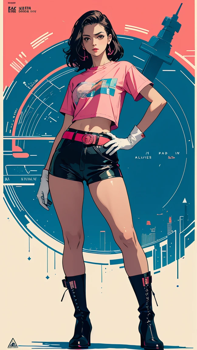 ((masterpiece, Highest quality)), 32K Wallpapers, Very detailed, Poster, Vintage science fiction, 1960s,(((geometric cinematic movie Poster))), (Bauhaus), shape,Abstract, Midcentury Modern, movie Poster, Vintage, Perfect Lady,1970s,Halftone,Speech bubble,(((portfolio,close))), Mature girl with tall straight blonde posture, sexly, medium neck, wears a plain tight pink short Sleeve u-neck t-shirt, she expose full her midriff, she wears blue leather shorts, she wears pink small boots, she wears a large orange belt with a red heart-shaped buckle, she wears small pink gloves, she expose her navel, beautiful midriff, beautiful thigh, long and slim thigh, The pose appears to be facing forward with both hands on her hips, full body