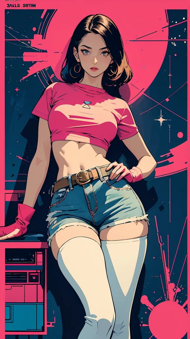((masterpiece, Highest quality)), 32K Wallpapers, Very detailed, Poster, Vintage science fiction, 1960s,(((geometric cinematic movie Poster))), (Bauhaus), shape,Abstract, Midcentury Modern, movie Poster, Vintage, Perfect Lady,1970s,Halftone,Speech bubble,(((portfolio,close))), Mature girl with tall straight blonde posture, sexly, medium neck, wears a plain tight pink short Sleeve u-neck t-shirt, she expose full her midriff, she wears blue leather shorts, she wears pink small boots, she wears a large orange belt with a red heart-shaped buckle, she wears small pink gloves, she expose her navel, beautiful midriff, beautiful thigh, long and slim thigh, The pose appears to be facing forward with both hands on her hips, full body