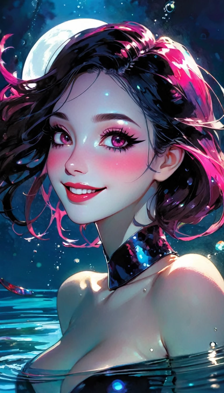 1 girl, (masterpiece, best quality: 1.2), hyper-realistic anime style, focused bust, shoulders, smiling, half underwater, floating on lake, upper body, moon, dark theme, night, big shiny lips , eyelashes, pink eyeshadow, happy smile, sexy, provocative (half sunken), covered in dark water, more prism, vibrant color, (nude), art inspired by Bill Sienkiewicz