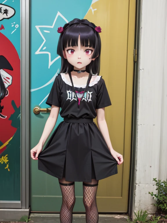 (ruri gokou), girl, alone, Hime cut, Red eyes, middle ages, punk, Punk Fashion, Checked skirt, Fishnet tights, black t-shirts, choker, Black eyeshadow, Black Lips, masterpiece, Urban Scene、Background of the cityscape、Graffiti wall