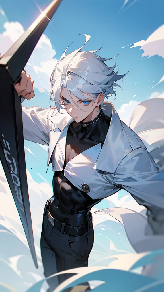 A 20 year old man with sliver-white hair and sky blue eyes and a well build bady