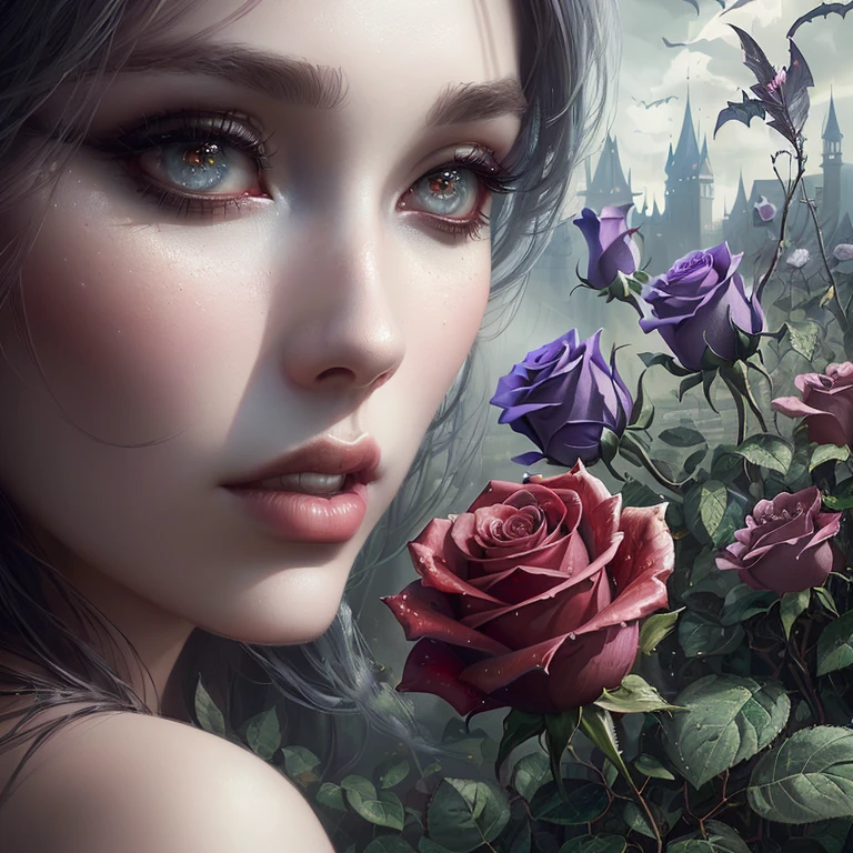 there is a woman with a rose in her hand and a castle in the background, dark fantasy mixed with realism, artistic style tom bagshaw, beautiful digital art, Bela arte UHD 4K, gothic fantasy art, stunning digital illustration, Illustrates??realistic fantasy, beautiful fantasy art portrait, detailed fantasy digital art, hyperrealistic fantasy art, highly detailed digital art in 4k