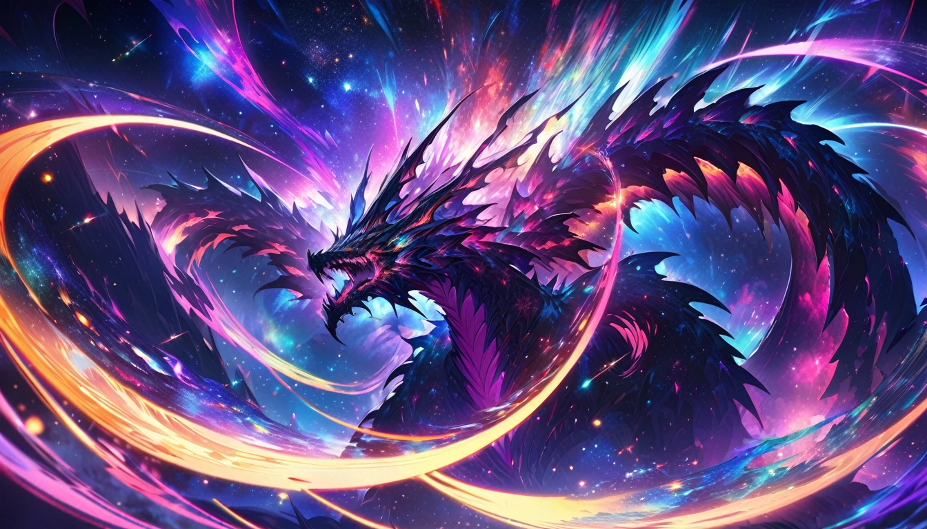 Create a mesmerizing cosmic scene featuring space dragon with evil maw ,nebula-like formations, glowing celestial bodies, and radiant energy waves that intertwine, illuminating the dark space with vibrant dim hues of blue and purple. amazing and outstanding quality:1.4