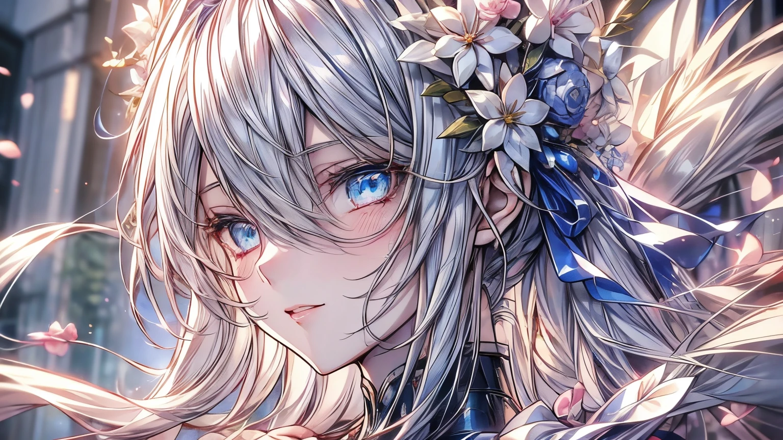 anime girl with blue eyes and white hair in front of flowers, beautiful anime portrait, cute anime girl portraits, anime visual of a cute girl, detailed portrait of anime girl, detailed digital anime art, stunning anime face portrait, anime art wallpaper 4 k, anime art wallpaper 4k, portrait anime girl, cute anime girl portrait, girl with white hair