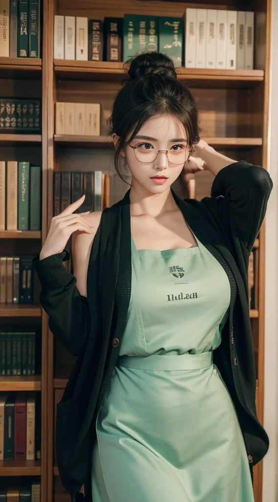 (top-quality、​masterpiece、超A high resolution、Photorealsitic:1.4)、Raw photo、solo、Beautuful Women、((Feminine shirt、Black tie、Black cardigan,Green apron,Feminine long skirt:1.2))、((beautiful and detailed face、A darK-haired、hair bun:1.1))、Round frame glasses、glowy skin、Wet body、Dramatic Writing、full body Esbian ,ultra gigantic tits、beautidful eyes、long lashes, on park、Lots of bookshelves