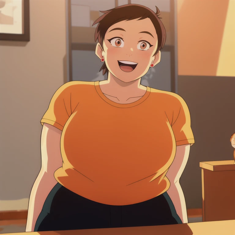 masterpiece, best quality, mawsLoisLane, 1 fat girl, solo, black hair, short hair, brown hair, upper body plus, SSBBW, smile, shirt, red shirt, looking at viewer, indoor, arms behind back, open mouth, black leggings, earrings, sunlight, Clothing fitted to his voluminous body 