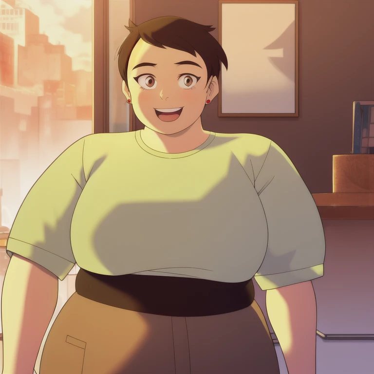 masterpiece, best quality, mawsLoisLane, 1 fat girl, solo, black hair, short hair, brown hair, upper body plus, SSBBW, smile, shirt, red shirt, looking at viewer, indoor, arms behind back, open mouth, black leggings, earrings, sunlight, Clothing fitted to his voluminous body 