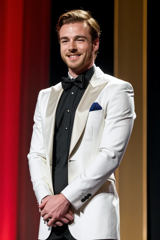 Handsome man mister white crown winner celebrating with the other candidates