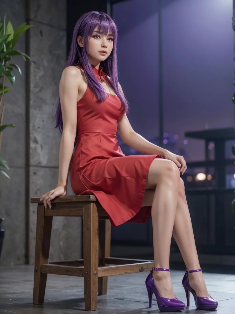 Ayane, cabelo roxo, (best qualityer, ultra detali), (realisitic:1.37), beautiful and detailed face, ultra-realisitic texture, 精致的面容, Delicate body, red lipgloss stick, long-lasting colors. High definition, 8k.