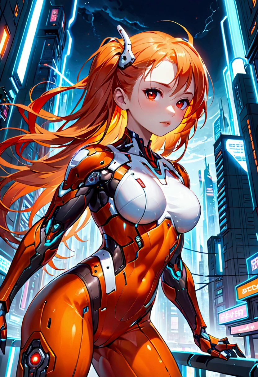 (sfw), intricate details, 1girl, night, (bright neon colors), ((flying over futuristic cyberpunk city)), detailed background, (petite cyborg girl, ((cute perfect face, bright glowing red eyes)), (perfect ???????, perky breasts), (absurdly long gradient orange and white hair, hair blowing in the wind)), detailed ribbed impossible bodysuit, shoulder armor, cybernetic limbs, dynamic angle, massive muscles, massive biceps, hyper muscle shoulders, massive muscle arms, vascular shoulders, hyper muscle triceps,
