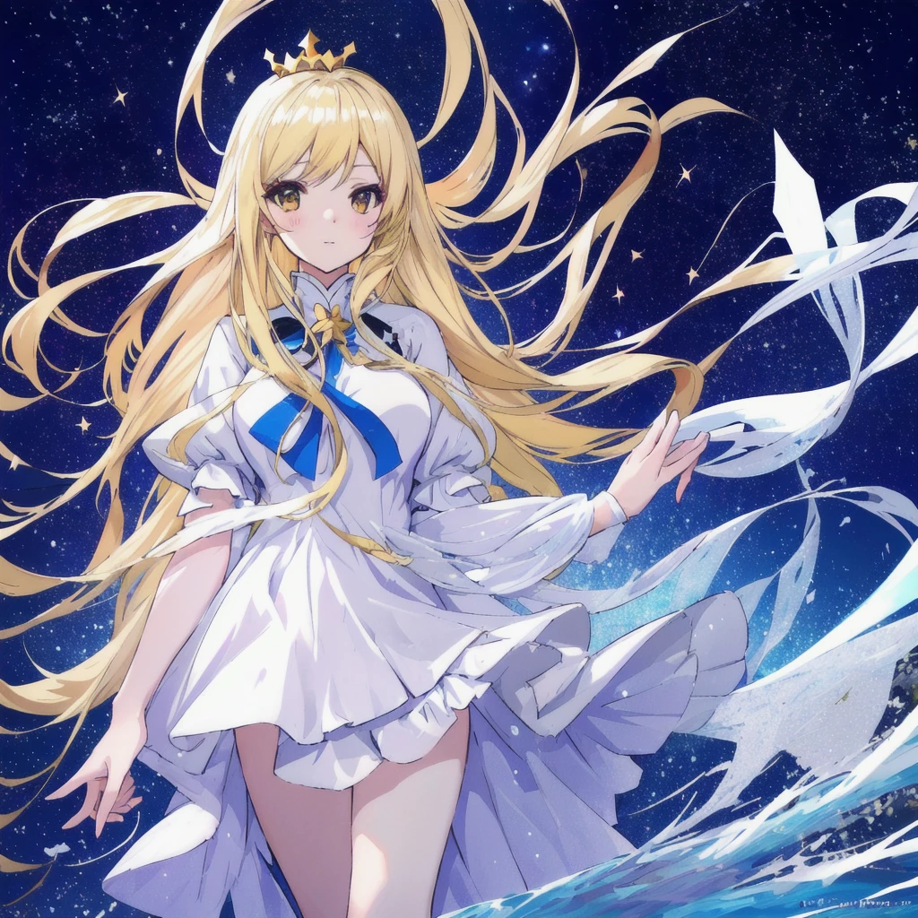 anime woman with long blonde hair and a white dress standing in the middle of a sea of stars, anime splash, anime goddess, visual anime of a cute girl, blonde adult woman with long hair, daytime ethereal anime, greek dress, Marisa Kirisame, official art, star crown