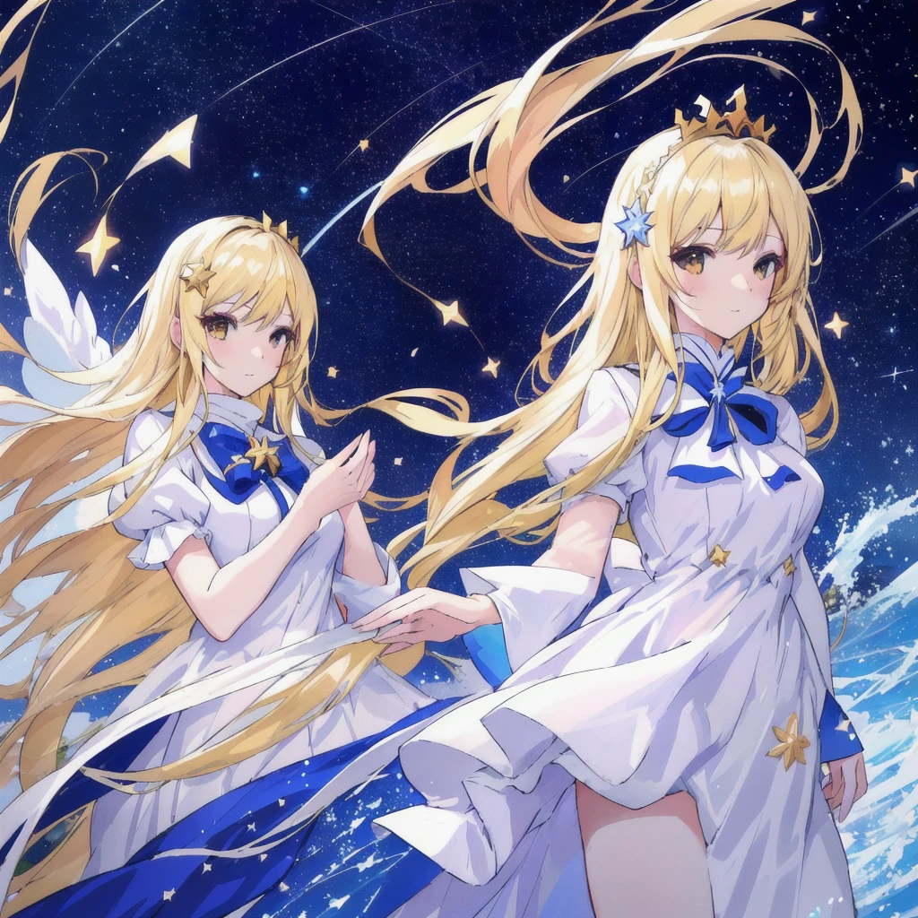 anime woman with long blonde hair and a white dress standing in the middle of a sea of stars, anime splash, anime goddess, visual anime of a cute girl, blonde adult woman with long hair, daytime ethereal anime, greek dress, Marisa Kirisame, official art, star crown