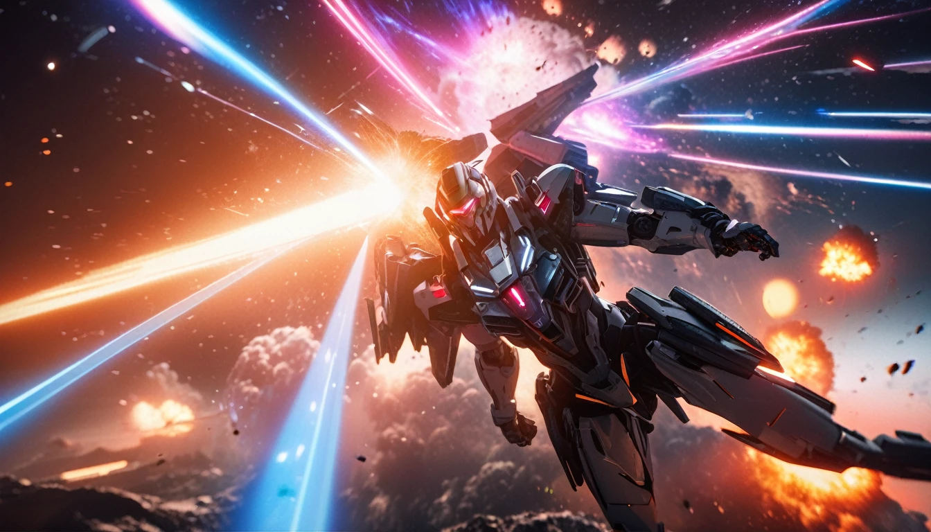 (8K, RAW photo, 最high quality, masterpiece:1.2), High-definition RAW color photo, Professional photo shoot, cinematic light, detailed robot in outer space, mecha suit, advanced technology, Metallic body, hall々and presence, glowing red eyes, elaborate design, Smooth and streamlined body, Attitude control in zero gravity, heavy weapon equipment, vast background of stars and galaxies, (((interstellar battle scene, Dynamic and lively composition, Colorful nebulae, cosmic ray particles, explosion and energy blast))), background bokeh, high quality, surreal, bright colors, ((very detailed, photo shoot)),