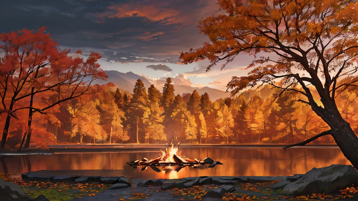A serene autumn landscape, a cozy campfire, tents nestled among golden trees, a tranquil lake reflecting the vibrant foliage, hikers exploring the scenic trails, warm campfire glow, moody cloudy sky, beautiful fall colors, detailed texture of leaves and bark, realistic lighting and shadows, cinematic composition, breathtaking scenery, (best quality,8k,highres,masterpiece:1.2),ultra-detailed,(realistic,photorealistic,photo-realistic:1.37),landscape,autumn,camping,campfire,tents,trees,lake,hiking,moody,warm lighting,dramatic clouds,vibrant colors,detailed textures