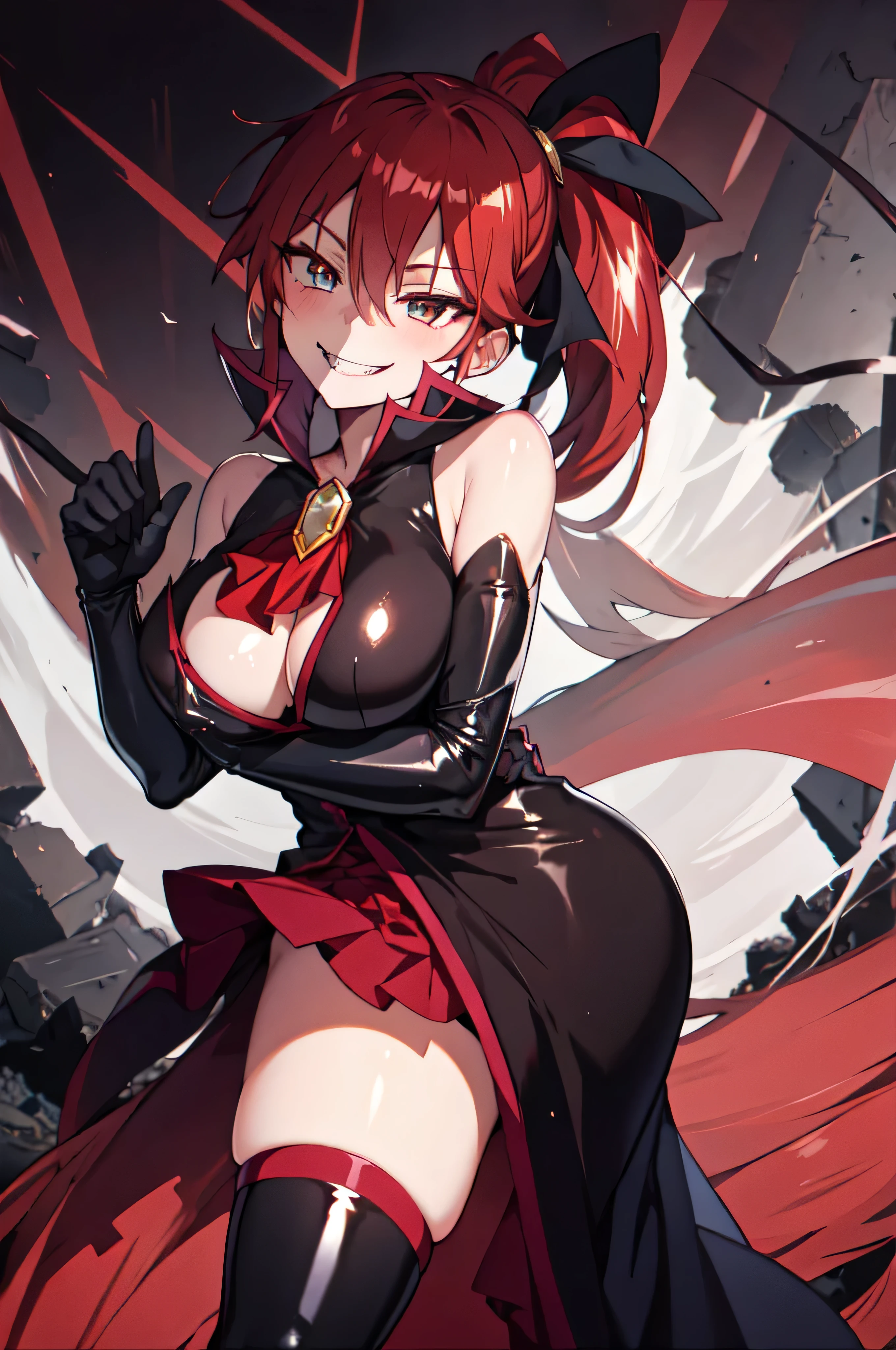 Highest quality, masterpiece, One Girl,Not beautiful, Red Ponytail, Long dress, brooch, Hair Ribbon,  Black knee socks, Standing on the rubble,  (Wicked Smile:1.1), ,,Dark shadowed face,Sadistic smile,Malice,Contempt,smile,latex,Bad face,,Red Skirt,two hands,Two legs,five fingers,evil background,elbow gloves,latex, Wicked Smile, devilish aura (Shiny fabric:1.5),Dark world background,solo,


