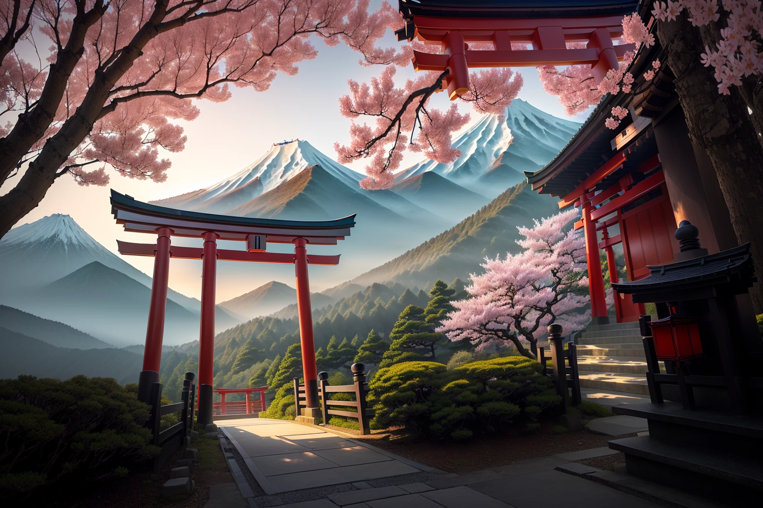 Arafad view with gate and path leading to the mountain, Mount Japan中的鸟居, Torii gate with trees on the mountain, Japanese Landscape, The Flowery Road to Heaven, Japanese Nature, Japanese travel aesthetics, lush Japanese Landscape, Inspired by Torii Kiymoto, Japanese temples, Mount Japan, Japanese Shrines, Centered Torii,((low angle shot 1.7)) ((Camera lens close to the ground to shoot 1.8))
