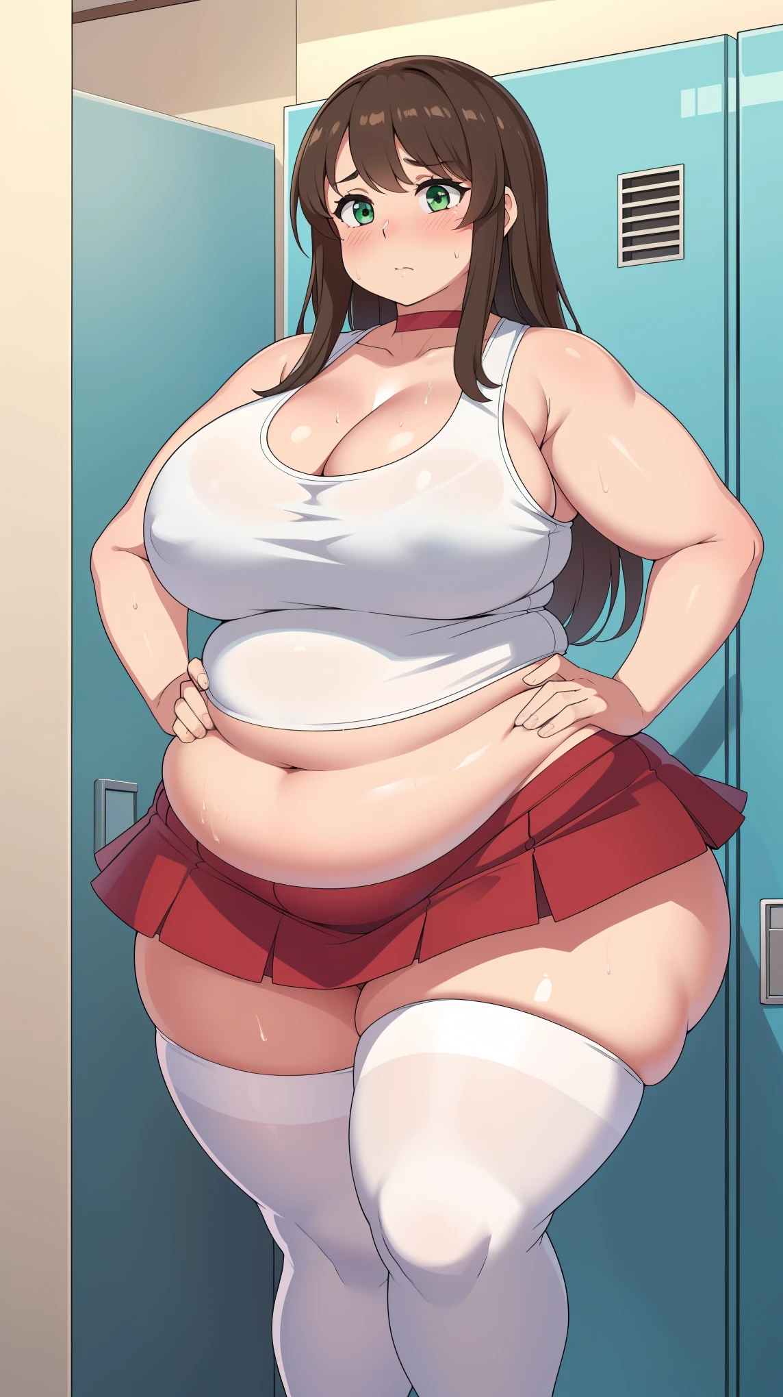 ((Masterpiece)), perfect anatomy, perfect shading, field of depth, (best quality), extremely delicate and beautiful, perfect lighting, detailed face, ultra cute face, cute, (cowboy shot 1.2), looking at viewer, full body, (((1girl))), (((solo))), cheerleader
long hair, fluffy hair, brown hair, green eyes, ((blush))), embarrassed, worried, (cheerleader uniform), (white tank top 1.2), (short section red skirt 1.2), thigh highs, chocker, extremely tight clothes, large breasts, cleavage, perky breasts, (((wide hips))), ((thick thighs)), ((big butt)), ((plump)), chubby belly, fat rolls, belly hang, she has a jiggly belly,
Locker room, intricate background, detailed background, sweaty, out of breath, hands on hip