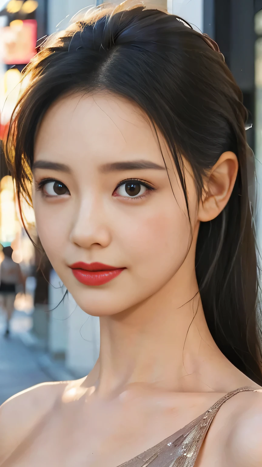 light brown hair, short ponytail, widow's peak, hoop earrings, grin, slicked back hair , depth of field, uhd, anatomically correct, textured skin, best quality, 8k, Full body photo、One Japanese woman、35 year old housewife、Beautiful Face、Walking towards here、Perfect Makeup、(Thin lower lip:1.2)、Lip gloss、shiny black evening dress、Strap Pin Heel、Detailed eyes、Focused eyes、Detailed face、