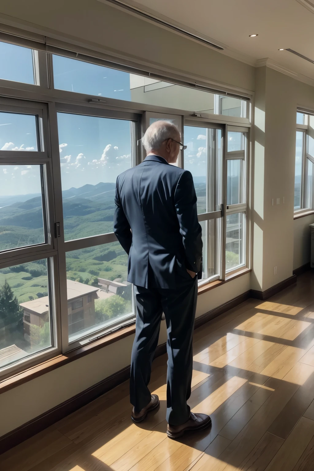 old man in suit, turned completely backwards, hands in pockets, admiring the landscape from a floor-to-ceiling window
