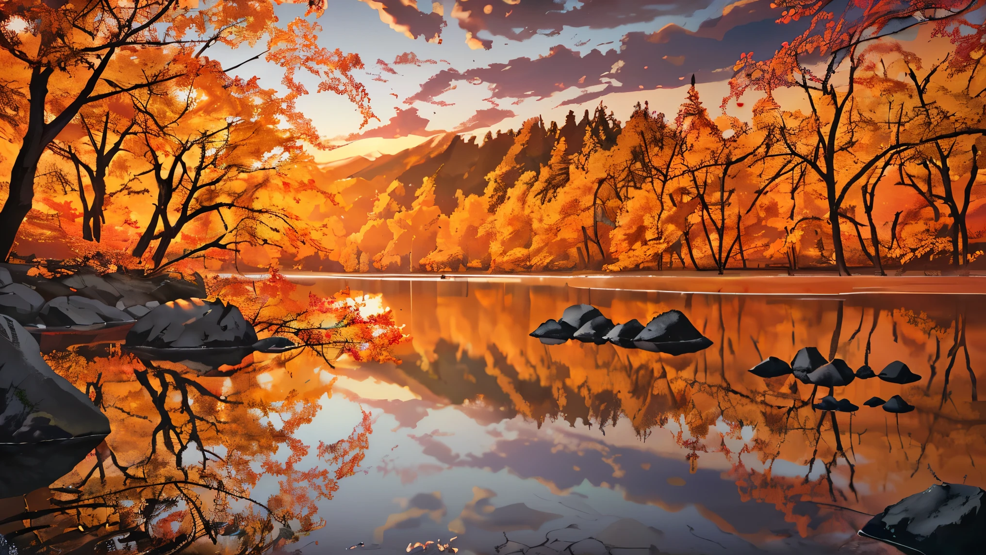 A serene autumn landscape, a cozy campfire, tents nestled among golden trees, a tranquil lake reflecting the vibrant foliage, hikers exploring the scenic trails, warm campfire glow, moody cloudy sky, beautiful fall colors, detailed texture of leaves and bark, realistic lighting and shadows, cinematic composition, breathtaking scenery, (best quality,8k,highres,masterpiece:1.2),ultra-detailed,(realistic,photorealistic,photo-realistic:1.37),landscape,autumn,camping,campfire,tents,trees,lake,hiking,moody,warm lighting,dramatic clouds,vibrant colors,detailed textures