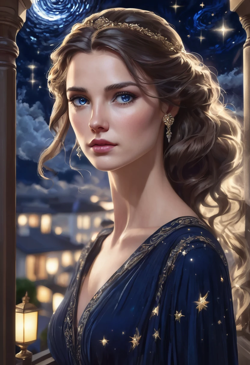 1 woman, standing inside a balcony with a starry night sky in the background, wearing an elegant dark blue Grecian Dress style dress, detailed facial features, feminine blue-gray eyes, detailed white skin, long blondish brown hair, dramatic lighting, cinematic composition, dark palette, dark colors, atmospheric haze, thin chin, serious face, serious face, strong and beautiful woman (best quality, 4K, 8K, high-res, art: 1.2), ultra detailed (realistic, photorealistic, photorealistic: 1.37)