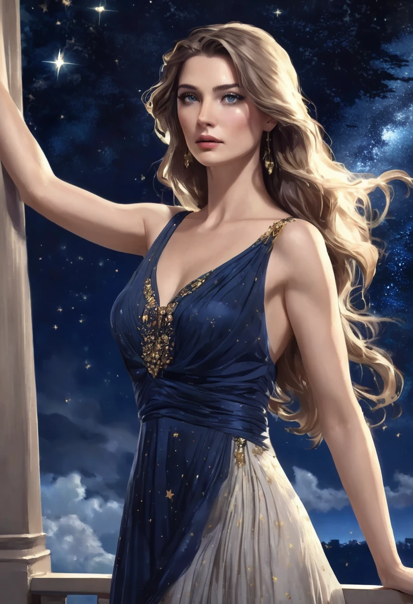 1 woman, standing inside a balcony with a starry night sky in the background, wearing an elegant dark blue Grecian Dress style dress, detailed facial features, feminine blue-gray eyes, detailed white skin, long blondish brown hair, dramatic lighting, cinematic composition, dark palette, dark colors, atmospheric haze, thin chin, serious face, serious face, strong and beautiful woman (best quality, 4K, 8K, high-res, art: 1.2), ultra detailed (realistic, photorealistic, photorealistic: 1.37)