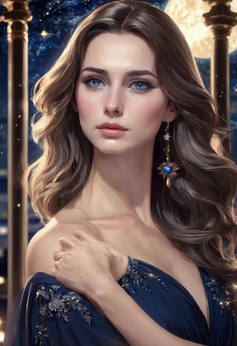 1 woman, standing inside a balcony with a starry night sky in the background, wearing an elegant dark blue Grecian Dress style dress, detailed facial features, feminine blue-gray eyes, detailed white skin, long blondish brown hair, dramatic lighting, cinematic composition, dark palette, dark colors, atmospheric haze, thin chin, serious face, serious face, strong and beautiful woman (best quality, 4K, 8K, high-res, art: 1.2), ultra detailed (realistic, photorealistic, photorealistic: 1.37)