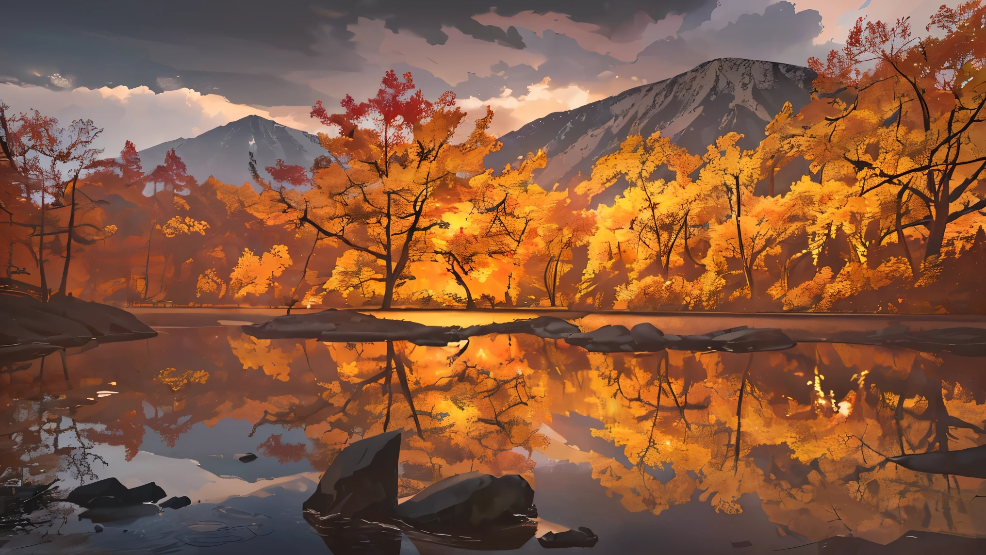 A serene autumn landscape, a cozy campfire, tents nestled among golden trees, a tranquil lake reflecting the vibrant foliage, hikers exploring the scenic trails, warm campfire glow, moody cloudy sky, beautiful fall colors, detailed texture of leaves and bark, realistic lighting and shadows, cinematic composition, breathtaking scenery, (best quality,8k,highres,masterpiece:1.2),ultra-detailed,(realistic,photorealistic,photo-realistic:1.37),landscape,autumn,camping,campfire,tents,trees,lake,hiking,moody,warm lighting,dramatic clouds,vibrant colors,detailed textures