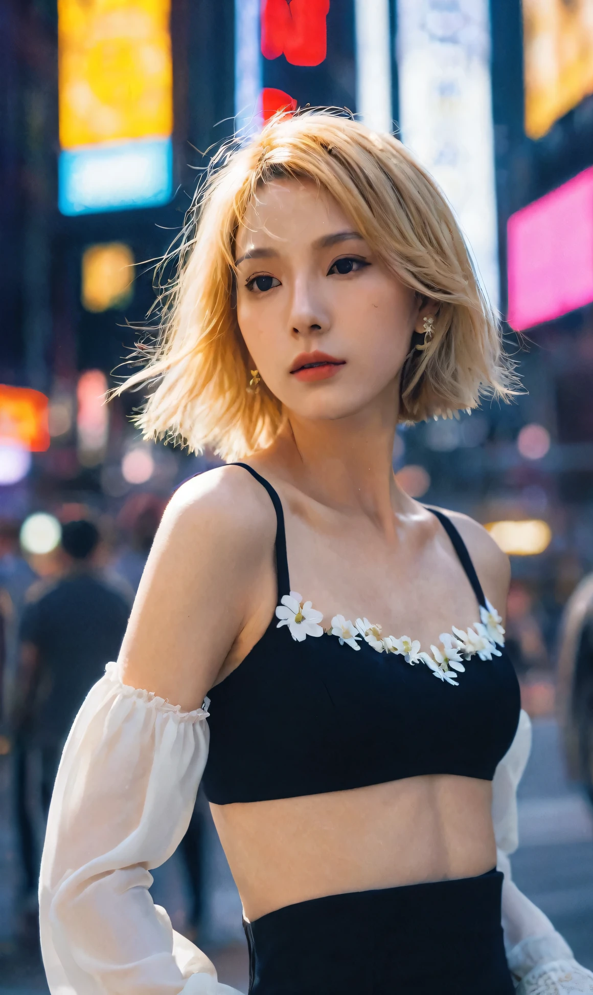 xxmixgirl,1 female detailed face time square detailed background shadow dramatic lighting by Bill Sienkiewicz ( SimplepositiveXLv1:0.7),lumine_(genshin_impact), genshin_impact, blonde_hair, short_hair_with_long_locks, sidelocks, yellow_eyes, hair_flower, hair_ornament, flower, white_flower, detached_sleeves, black_gloves, white_dress, sleeveless_dress, sleeveless, vambraces,,cityscape, leaf, moon, night, night_sky, outdoors, sky, skyscraper,,