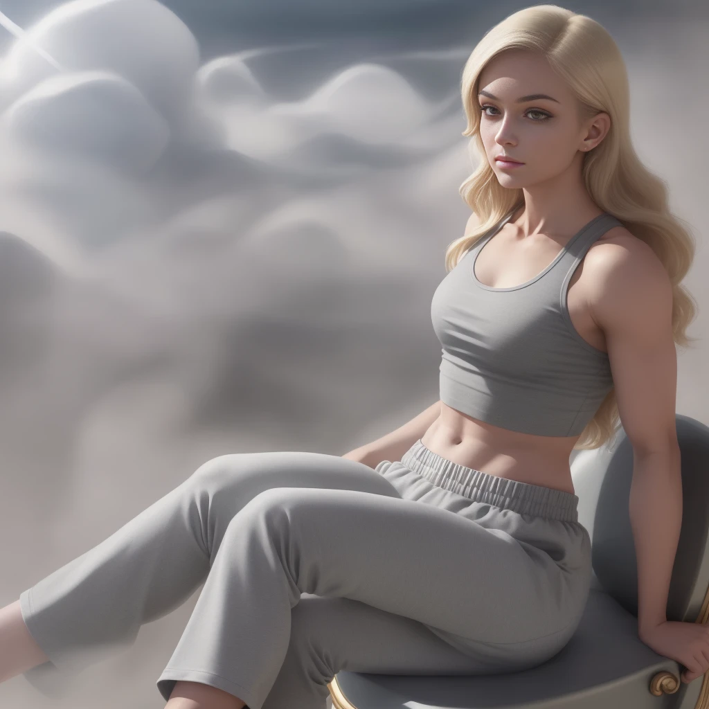 god is a blonde woman above the clouds, sitting on throne, legs crossed, on a cloud  detailed face, grey sport croptop, grey sweatpants, smirking