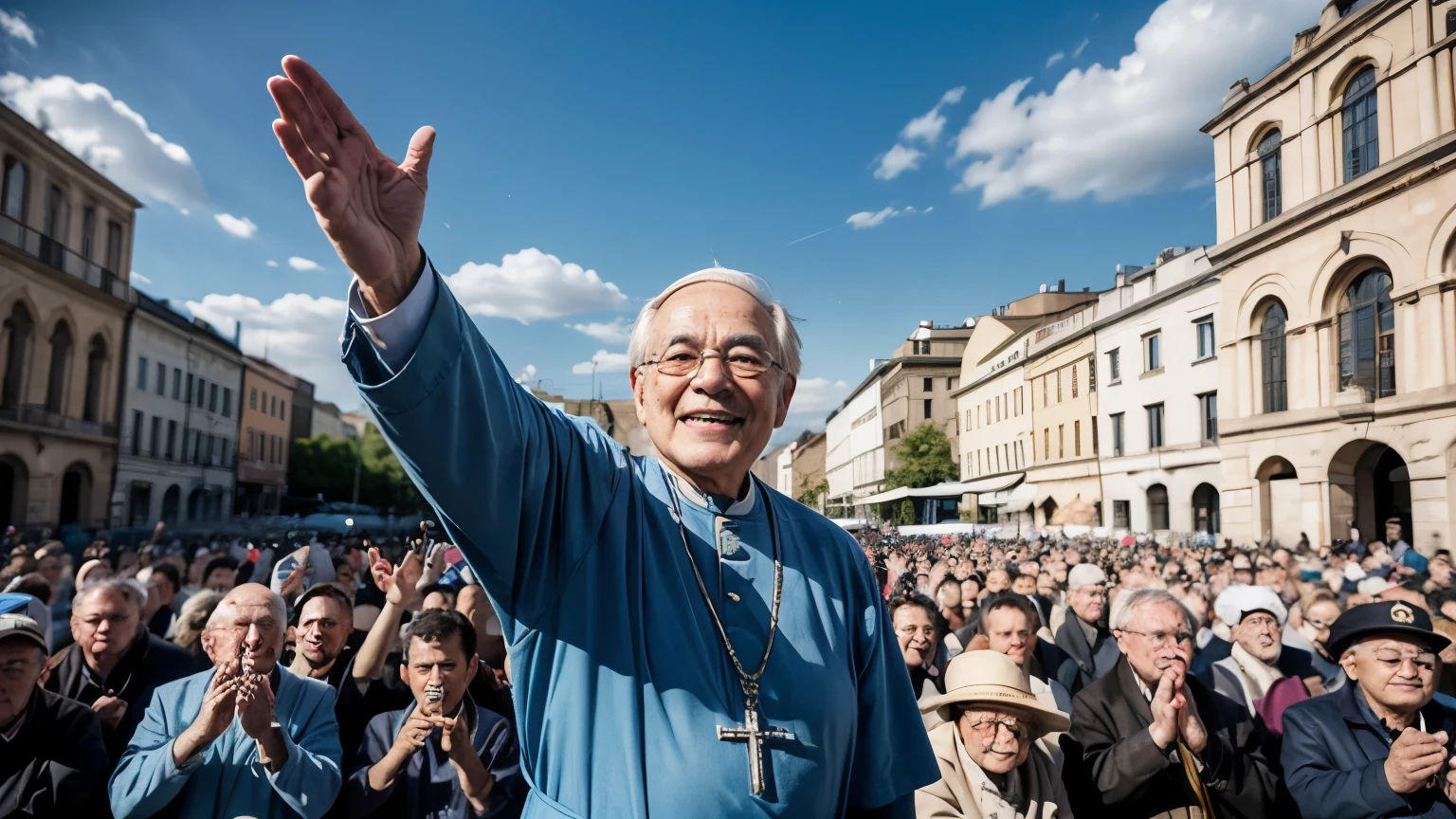 "A vibrant scene of an elderly, charismatic man. He is standing in a busy square, waving to a crowd of worshipers with a welcoming smile and hands outstretched in blessing. In the background, a large basilica with a clear blue sky and light clouds , reflecting the global impact of his papacy. The image captures his inspiring presence and love for all, with a sense of enthusiasm and spirituality."