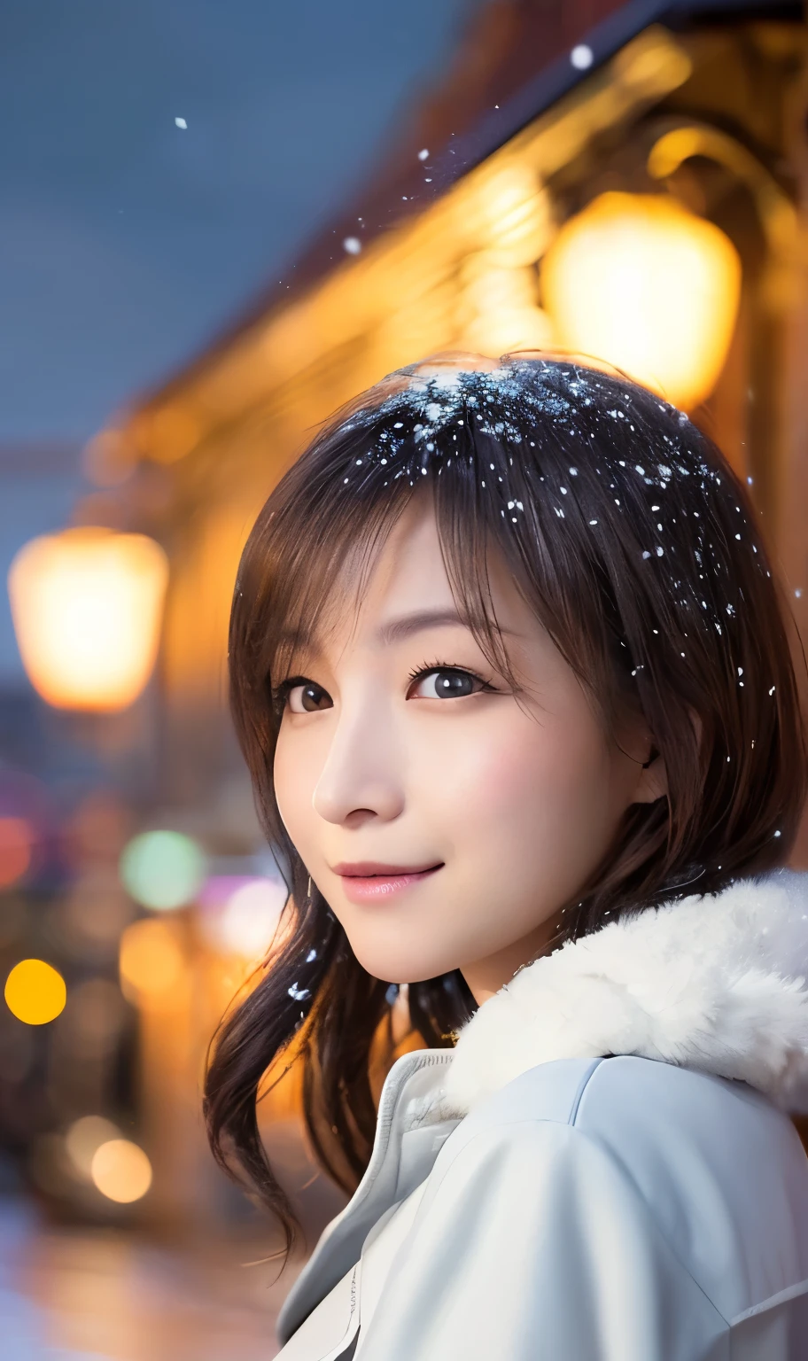 1girl in, (wear a platinum coat:1.2), (Raw photo, Best Quality), (Realistic, Photorealsitic:1.4), masutepiece, Extremely delicate and beautiful, Extremely detailed, 2k wallpaper, amazing, finely detail, the Extremely Detailed CG Unity 8K Wallpapers, Ultra-detailed, hight resolution, Soft light, Beautiful detailed girl, extremely detailed eye and face, beautiful detailed nose, Beautiful detailed eyes, Cinematic lighting, Illuminations coloring the city on a snowy night, Snowy landscape, It's snowing, There&#39;s snow in my hair, Perfect Anatomy, Slender body, Taut, 
Straight semi-long hair, Bangs, Looking at Viewer, A slight smil