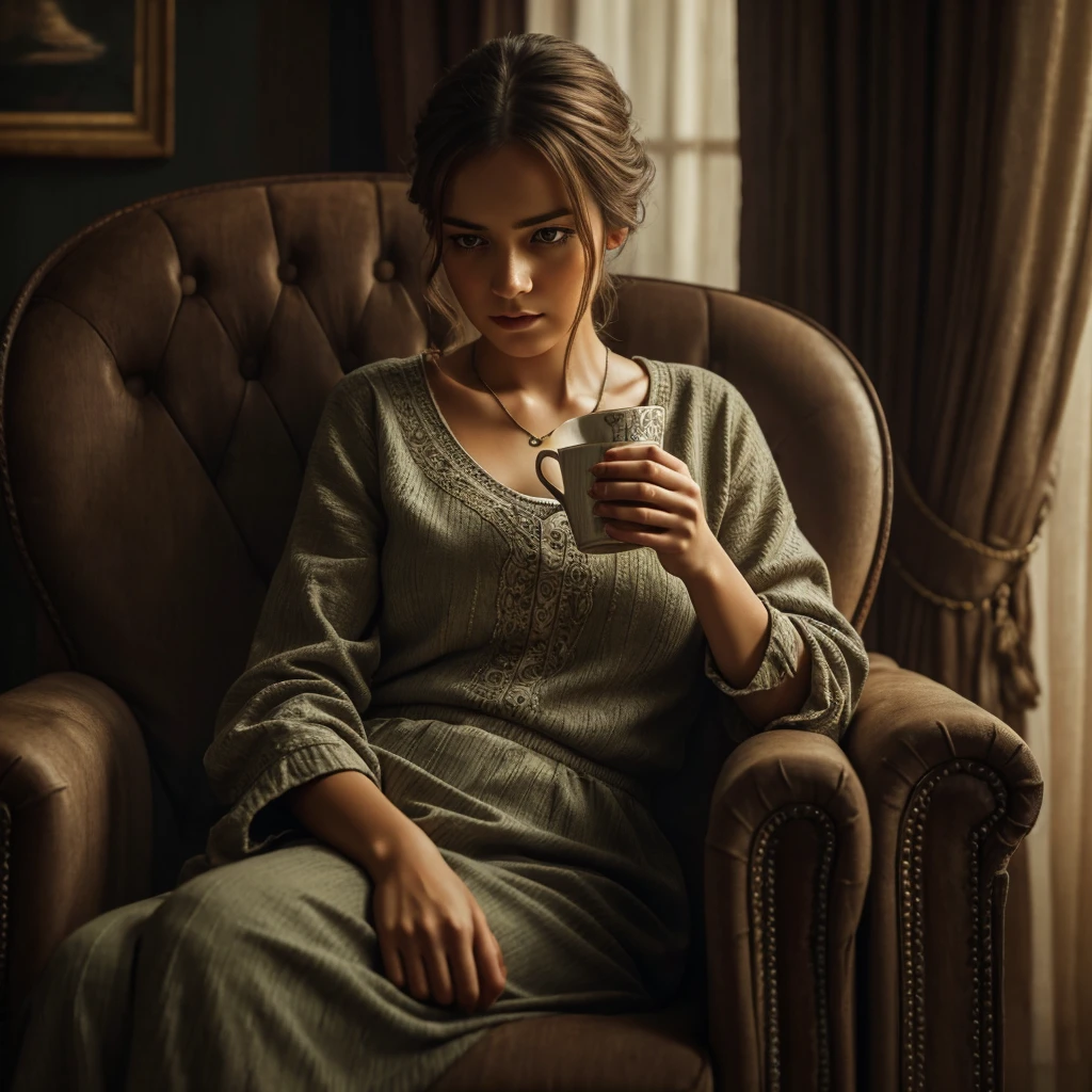 a woman sitting on an armchair, drinking tea, anxious expression, detailed facial features, soft lighting, muted colors, moody atmosphere, oil painting, cinematic composition, intricate details, photorealistic, high resolution, masterpiece