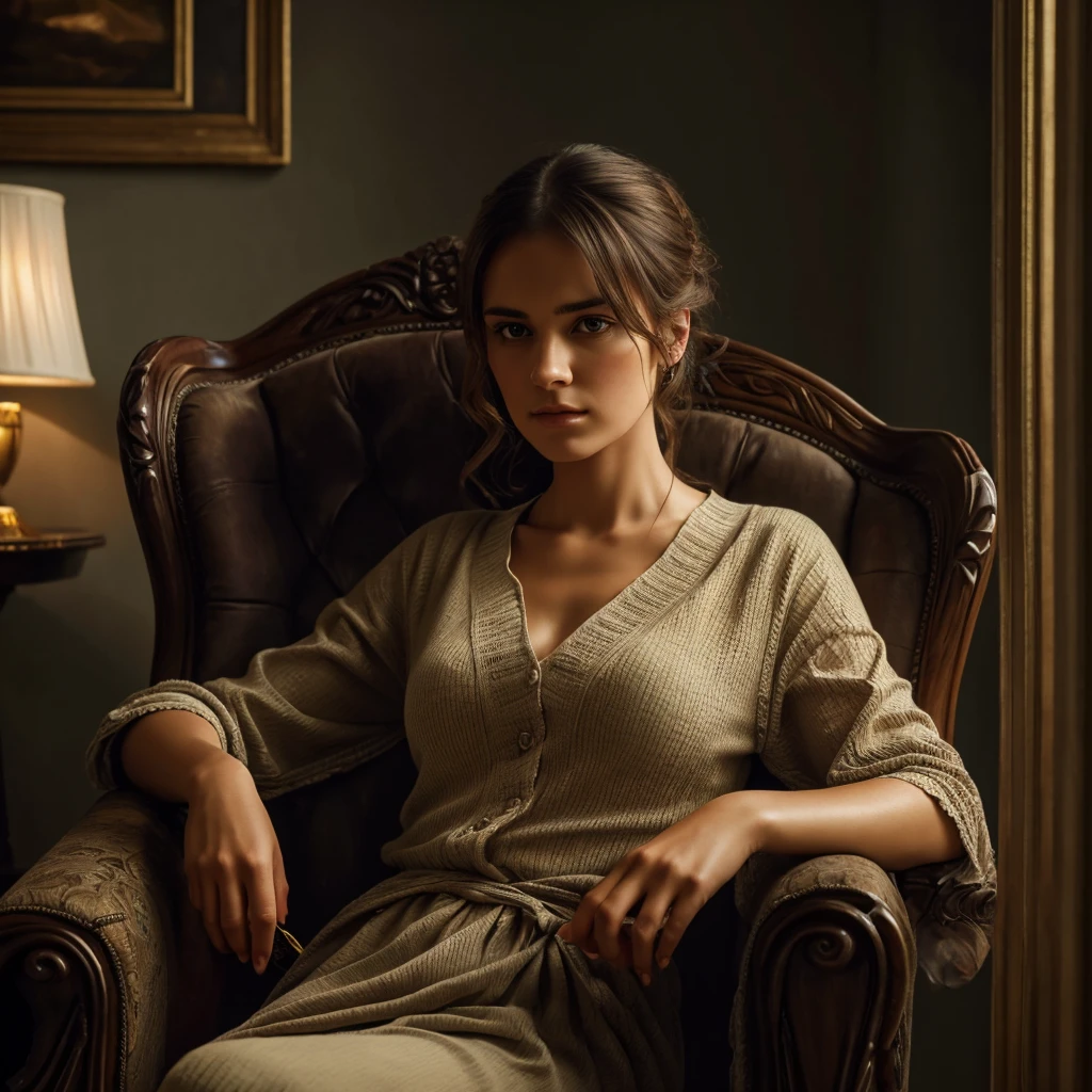 a woman sitting on an armchair, drinking tea, anxious expression, detailed facial features, soft lighting, muted colors, moody atmosphere, oil painting, cinematic composition, intricate details, photorealistic, high resolution, masterpiece