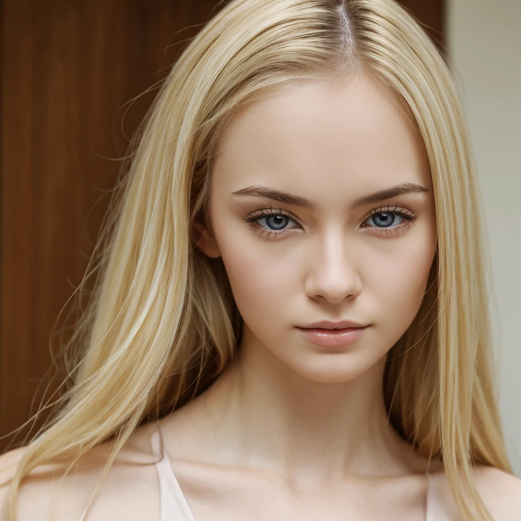 Pale skin mixed european and asian descent woman with blond hair with dark brown eyes