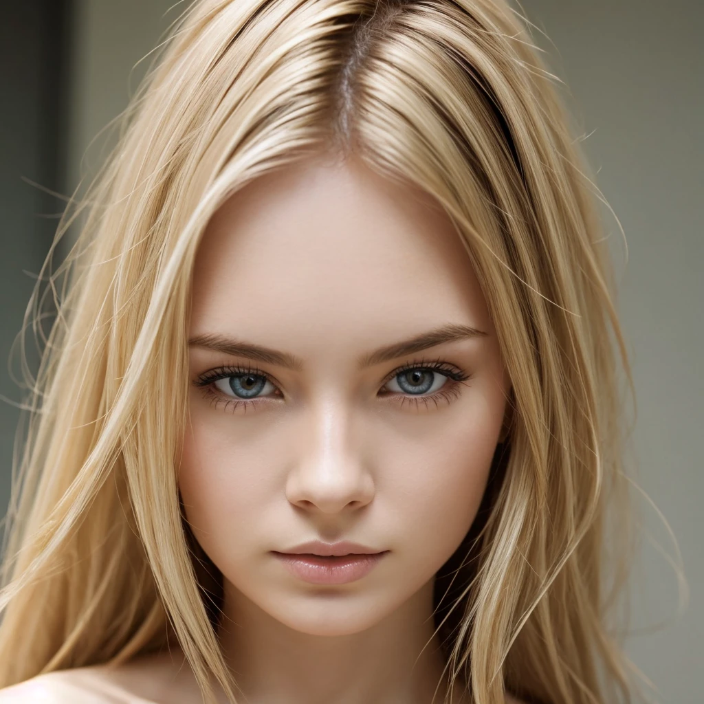 Pale skin mixed european and asian descent woman with blond hair with dark brown eyes