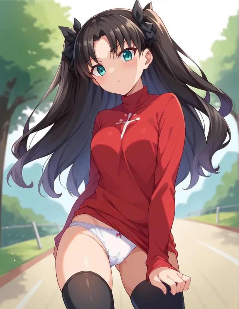 白のブラジャー、White panties、Panties fully exposed、Panties in full view、スカート無し、score_9, score_8_up, score_7_up, source_アニメ, rintohsaka, rin tohsaka, aqua eyes, black hair, hair ribbon, long hair, ribbon, sidelocks, two side up, parted bangs, , black thighhighs, long sleeves,   thighhighs, turtleneck, outdoors, looking at viewer, cowboy shot, dutch angle, dynamic pose,