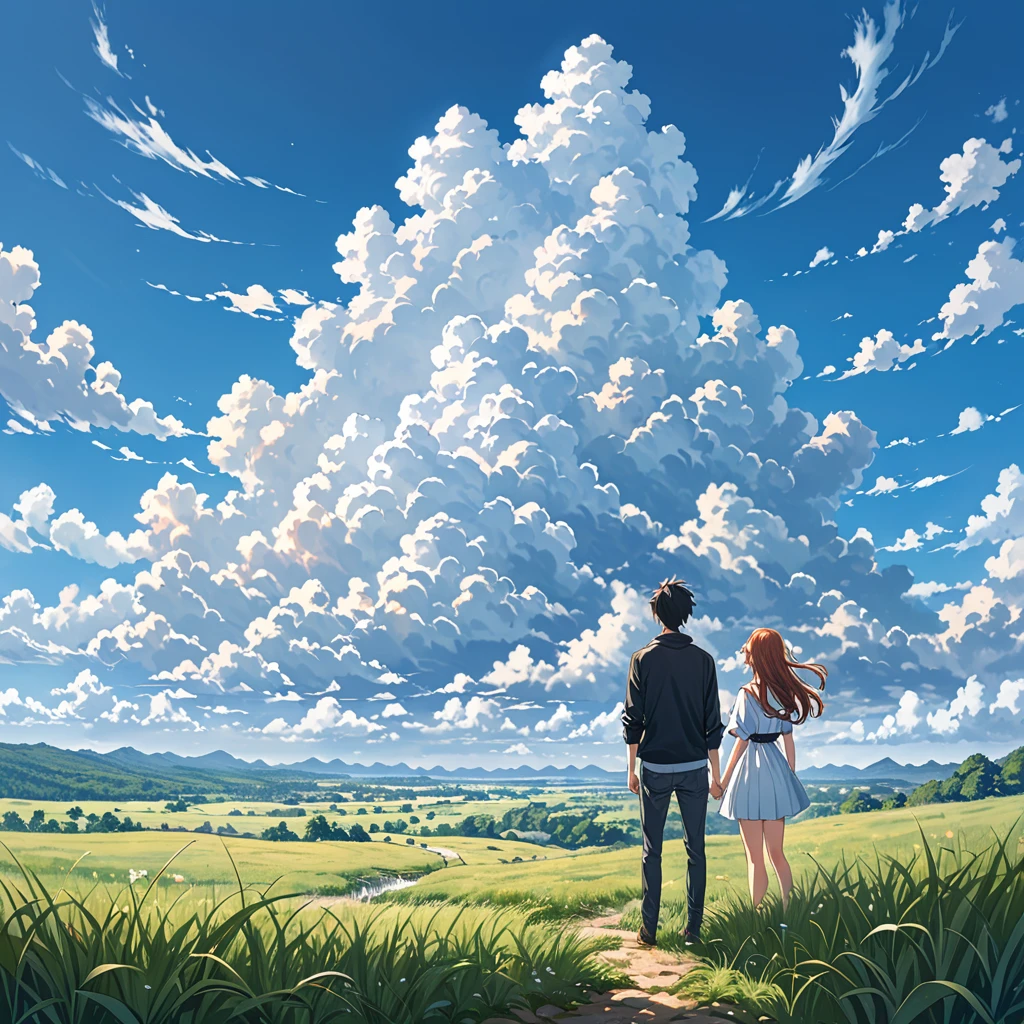 anime, anime landscape, beautiful hair, boyfridend girlfrien sweet, looking at clouds, in a grassland, creative, realist, white clouds, blue sky, landscape amazing, guy looking away from camera, wide photo