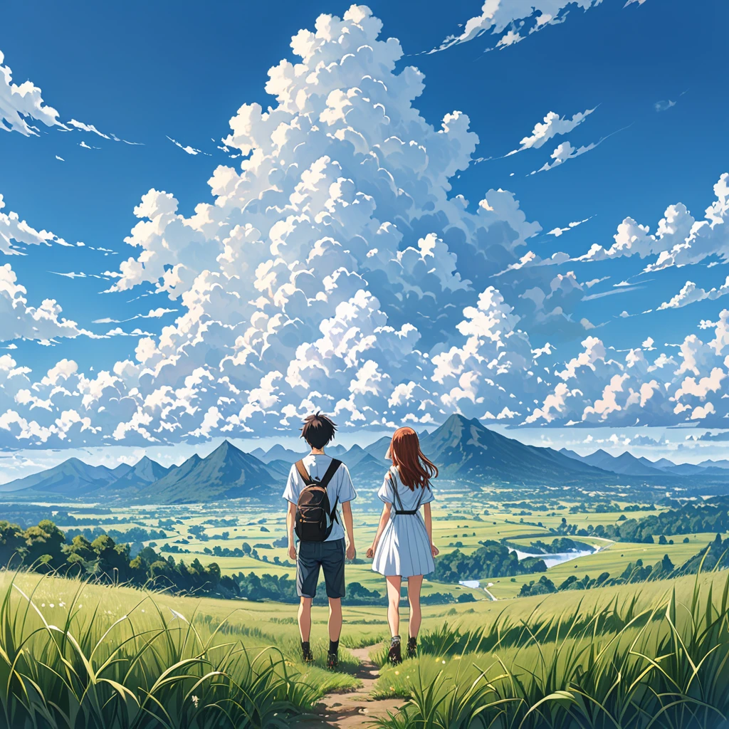 anime, anime landscape, beautiful hair, boyfridend girlfrien sweet, looking at clouds, in a grassland, creative, realist, white clouds, blue sky, landscape amazing, guy looking away from camera, wide photo