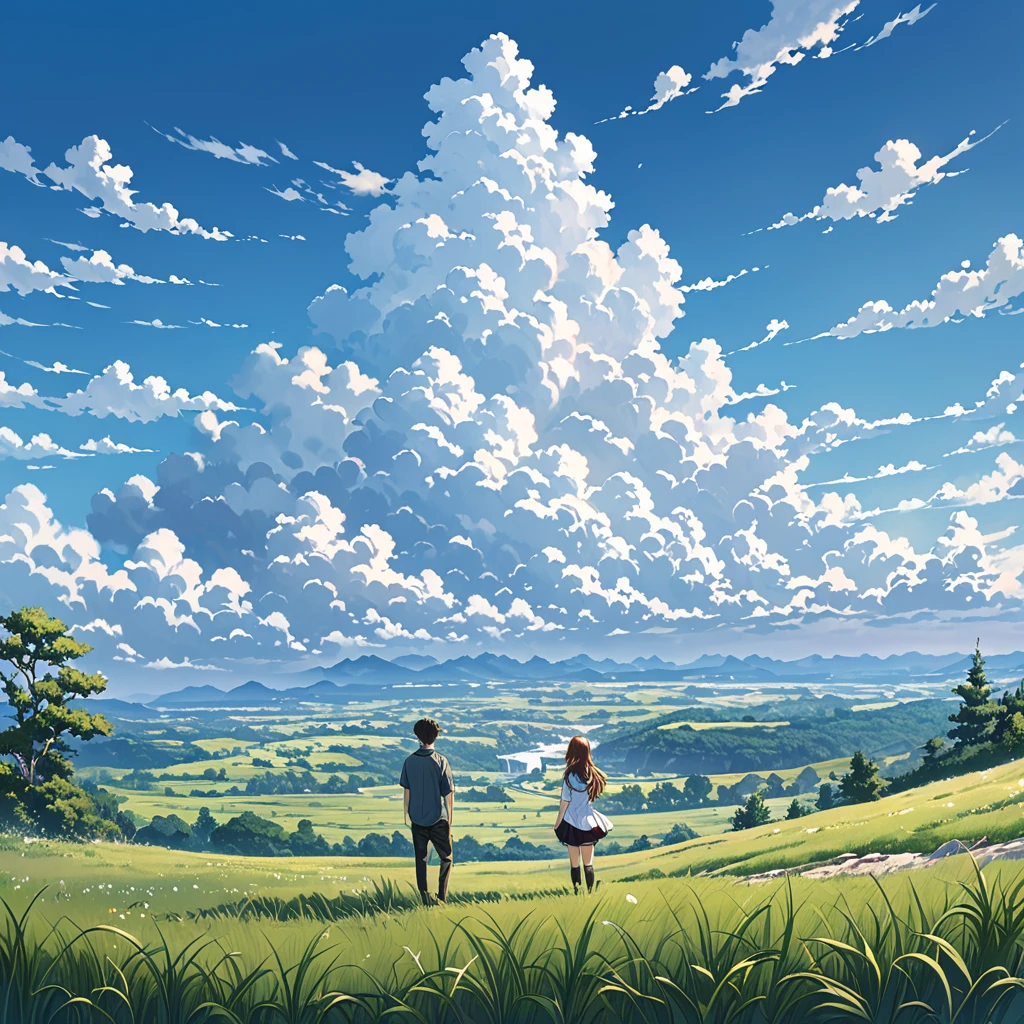 anime, anime landscape, beautiful hair, boyfridend girlfrien sweet, looking at clouds, in a grassland, creative, realist, white clouds, blue sky, landscape amazing, guy looking away from camera, wide photo