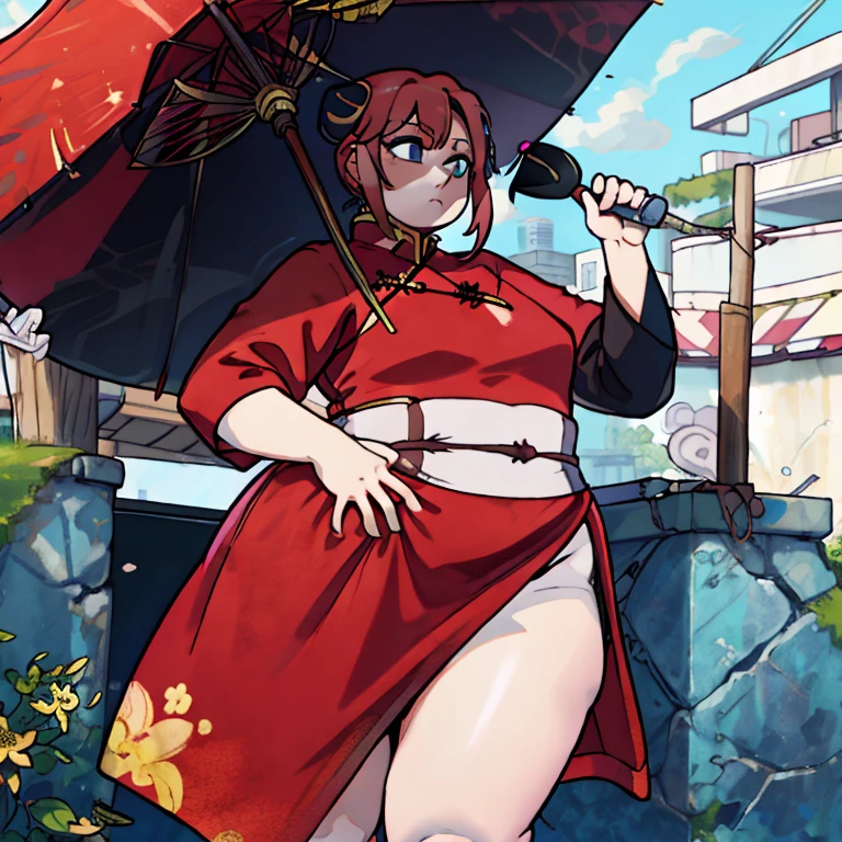 Fat Kagura, SSBBW, masterpiece, best quality, highres, 129 kilograms , red dress, double bun, bun cover, china dress, chinese clothes, knee boots, short sleeves, big fat figure, small breasts, cowboy shot, hand on hip, closed umbrella, holding umbrella, outdoors, Clothing that fits your body 