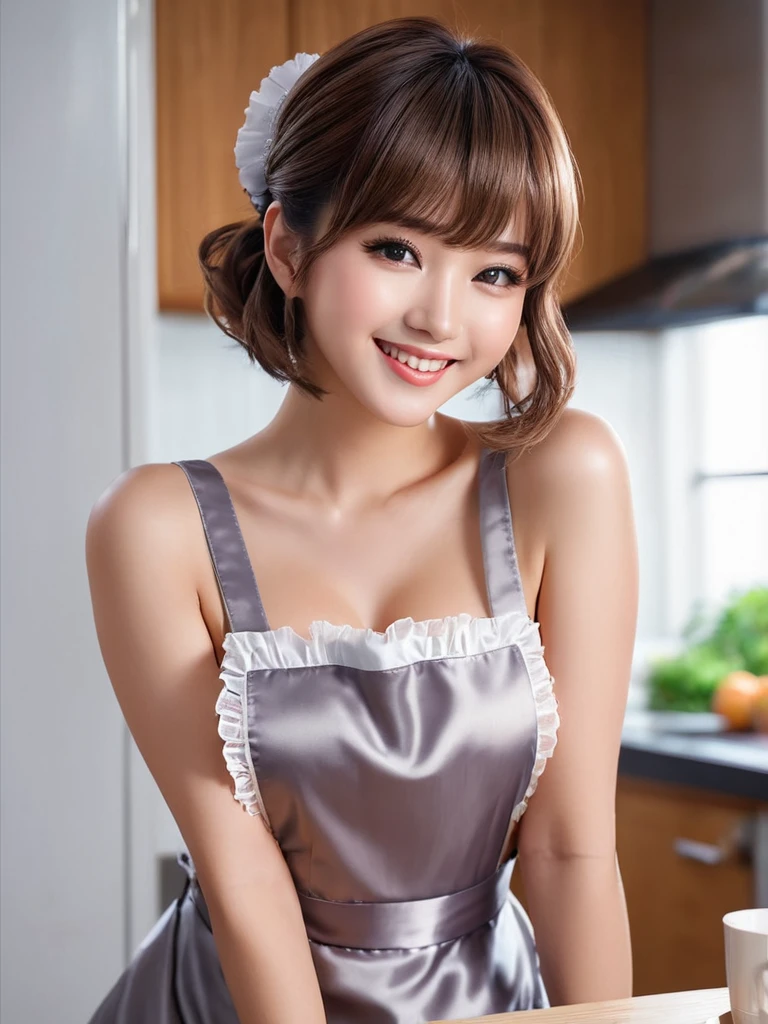 Product quality, One girl, Full Body Shot, Front view, Young and pretty girl in Japan, short hair, With a big smile、She is naked、She was wearing only a frilly grey apron of silk satin.。, sitting at the kitchen table, Attractive person, Big Breasts, Super cute face, Glossy Lips, Double eyelids on both eyes, Natural Makeup, Long eyelashes, Shiny and smooth light brown hair, Asymmetrical bangs, Fair skin, Center image, High resolution, Attention to detail, Detailed hairstyle, Detailed face, Cinema Lighting, Octane Rendering, Vibrant, Ultra-realistic, Perfect limbs, Perfect Anatomy